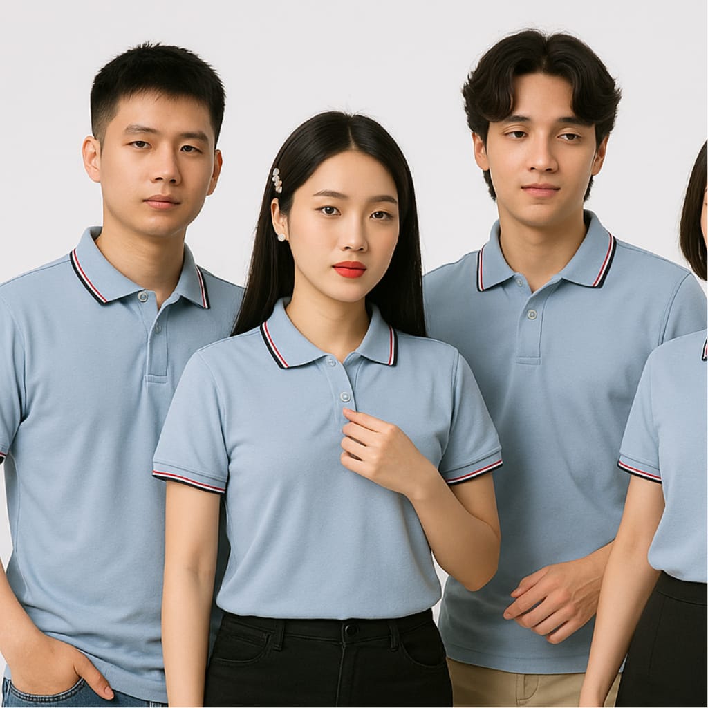 Áo đồng phục polo màu xám nhạt bo viền 3 sọc
