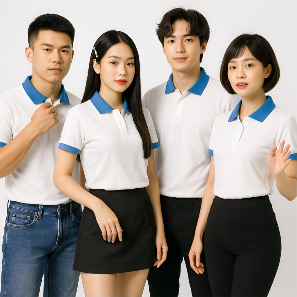 Áo thun polo màu trắng bo viền xanh ya