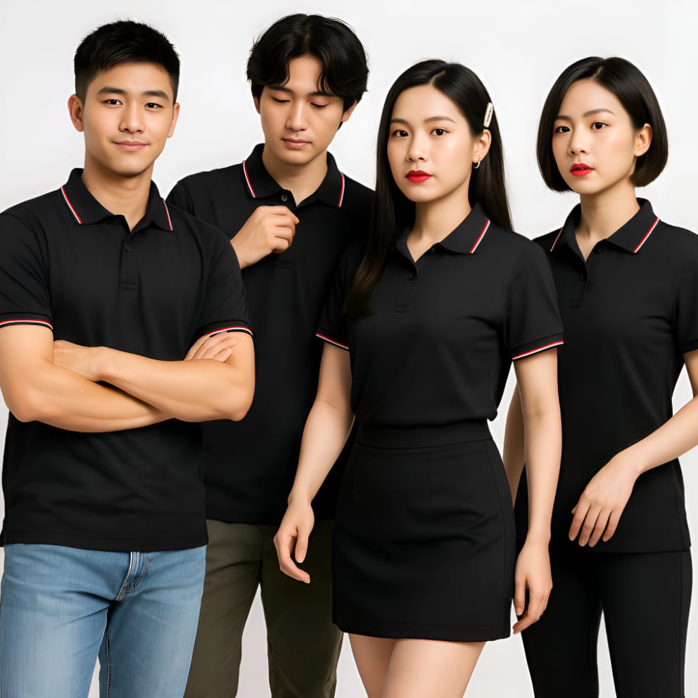 Áo đồng phục polo màu đen bo viền 3 sọc