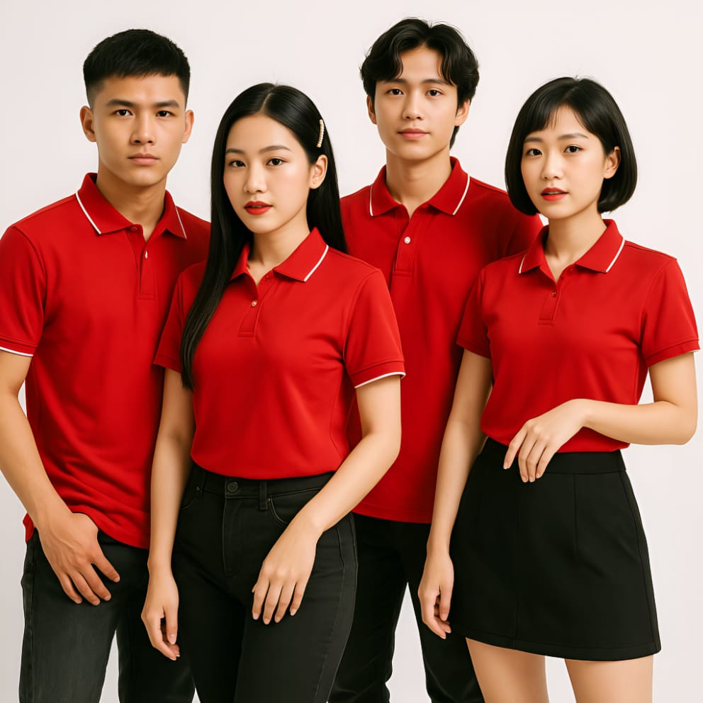Áo thun đồng phục polo màu đỏ bo viền trắng