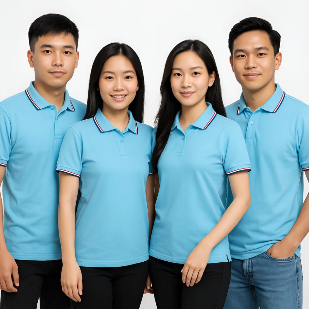 Áo thun đồng phục polo màu xanh thiên bo viền 3 sọc