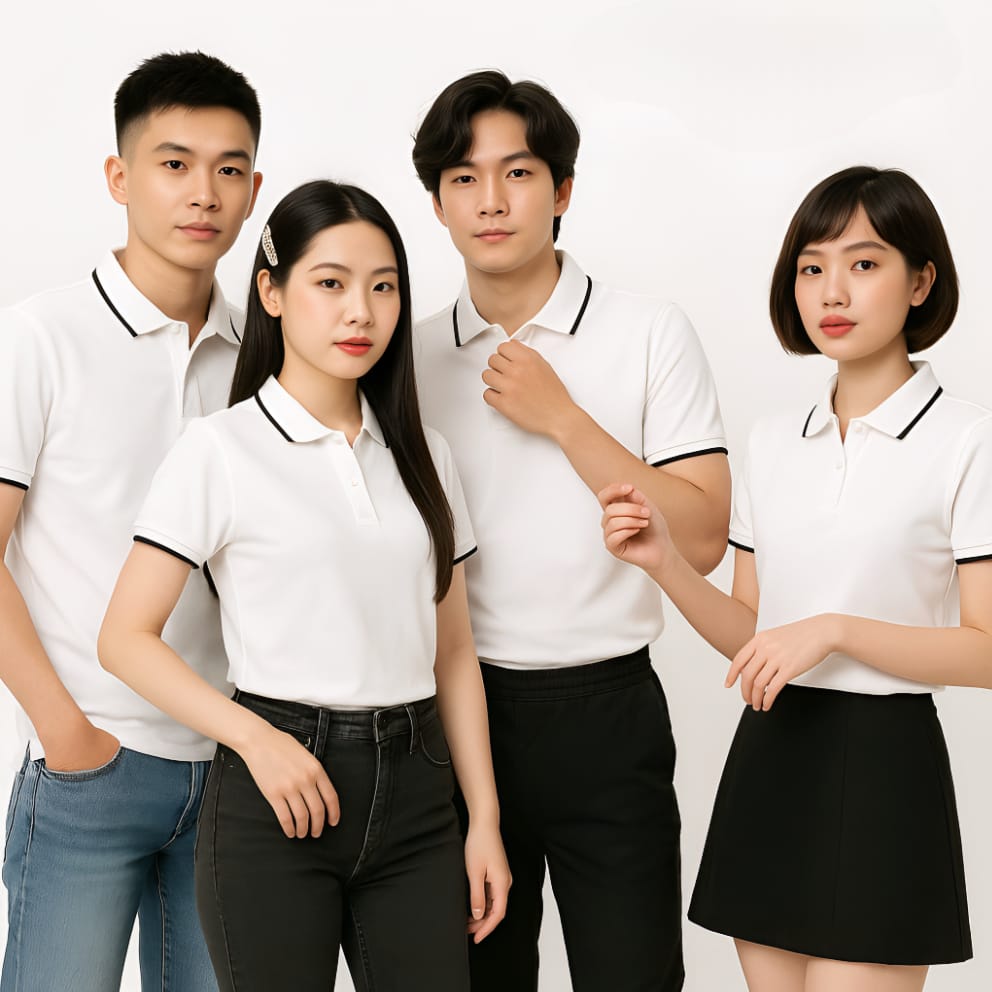 Áo Thun Đồng Phục Polo màu trắng bo viền đen