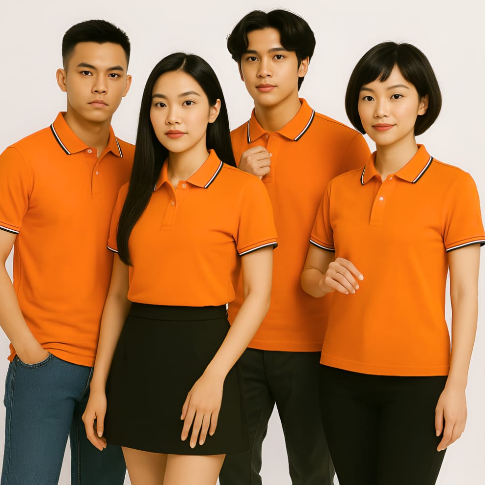 Áo Thun Đồng Phục Polo màu cam bo viền 3 sọc