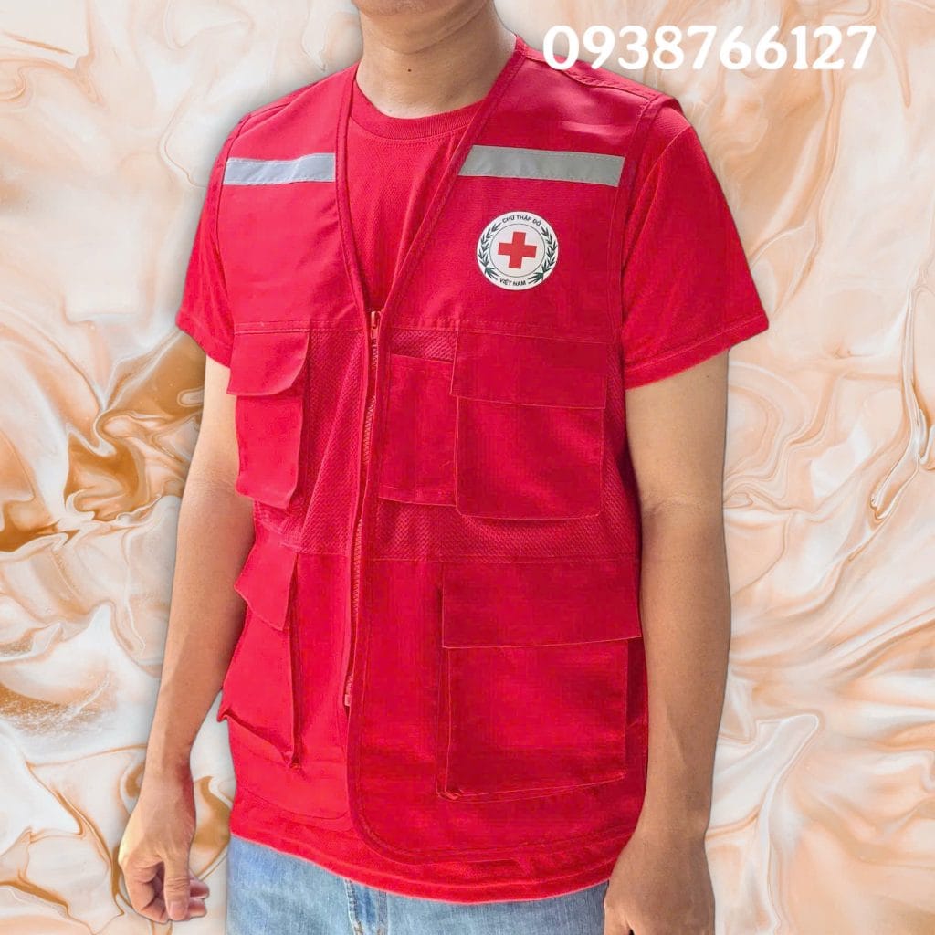 Áo bảo hộ gile phản quang in logo Hội Chữ Thập Đỏ